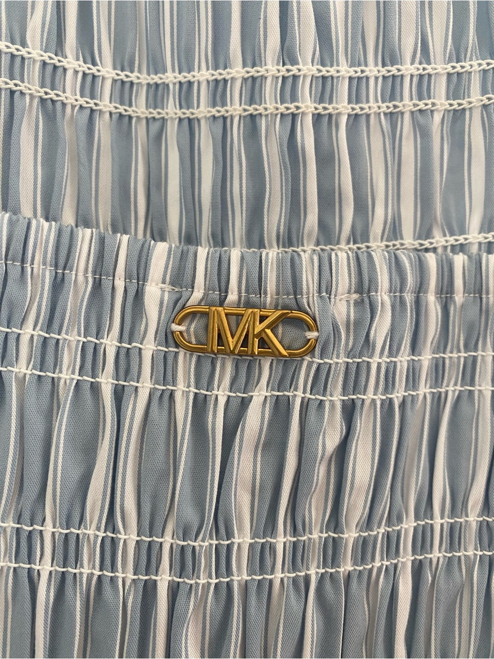 Michael Kors Light Blue and White Striped Smocked Skirt with Gold MK Accent